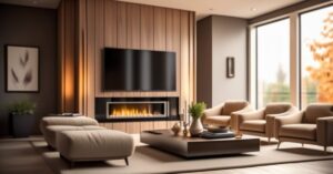 Salon z kominkiem i telewizorem aranżacje: 75 pomysłów!
